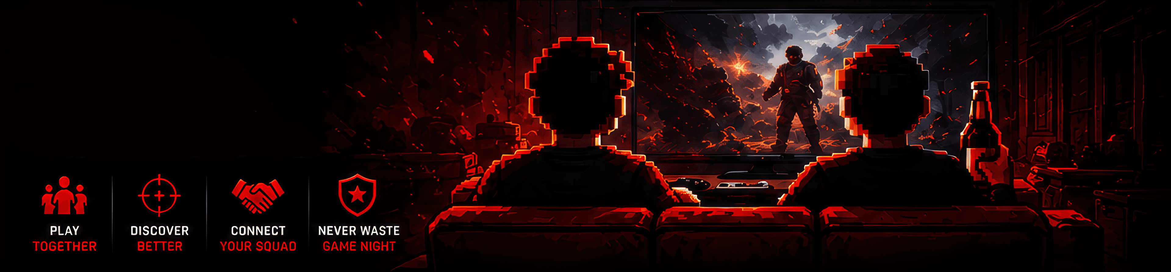 Two people on a couch watching a large screen together in a home gaming setup, illustrating co-op squad night